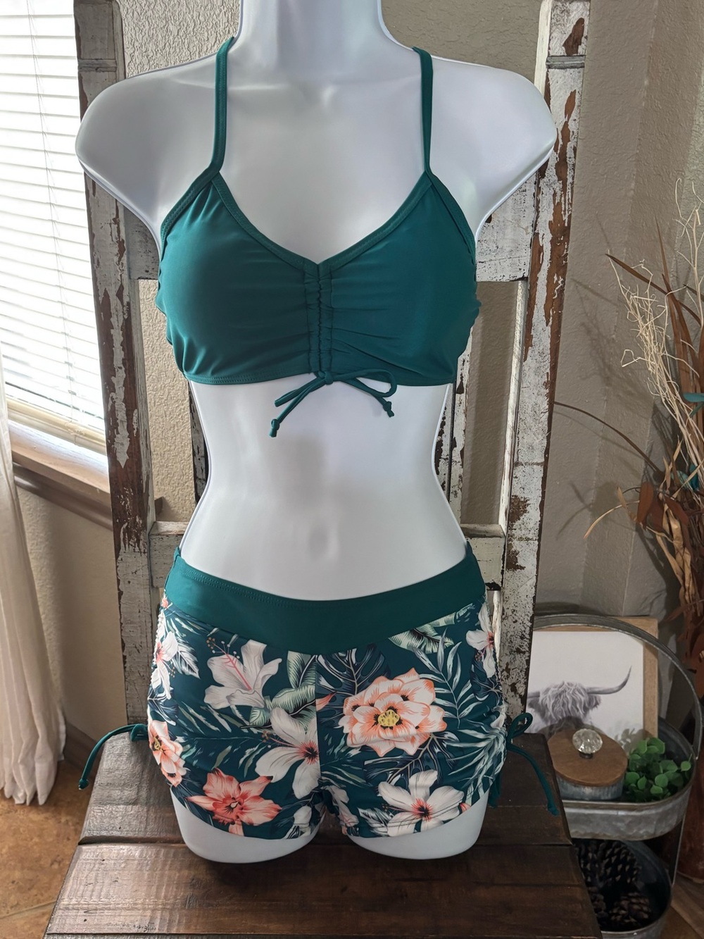 Teal Drawstring Bikini Top with Floral Swim Shorts Set